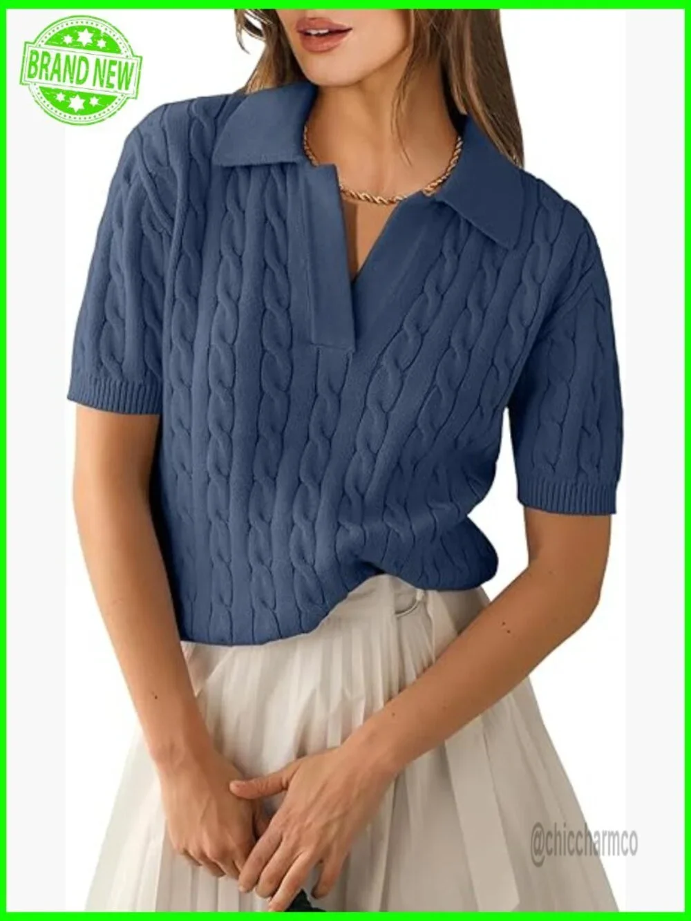 Short Sleeve V-Neck Cable Knit Sweater Top Loose Fit Summer Pullover